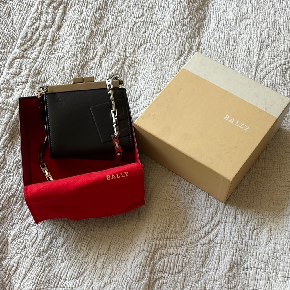Bally Black Leather Mini Purse with Silver Chain